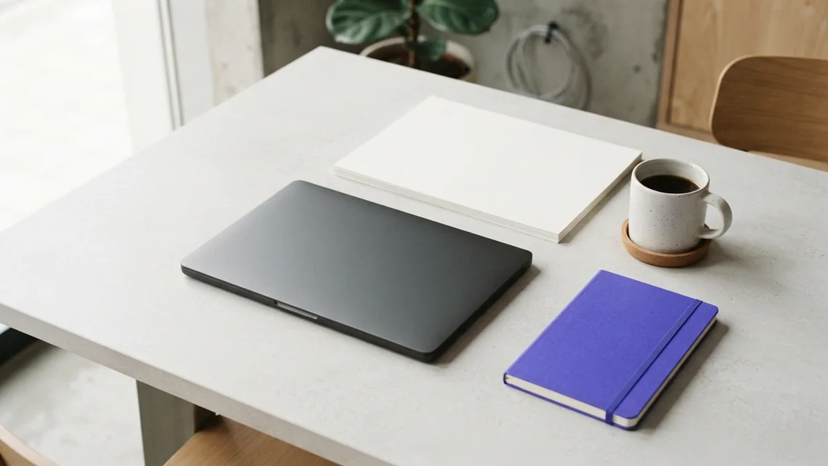 Workspace for building online visibility Minimal content planning desk with laptop, papers, coffee, and an indigo accent
