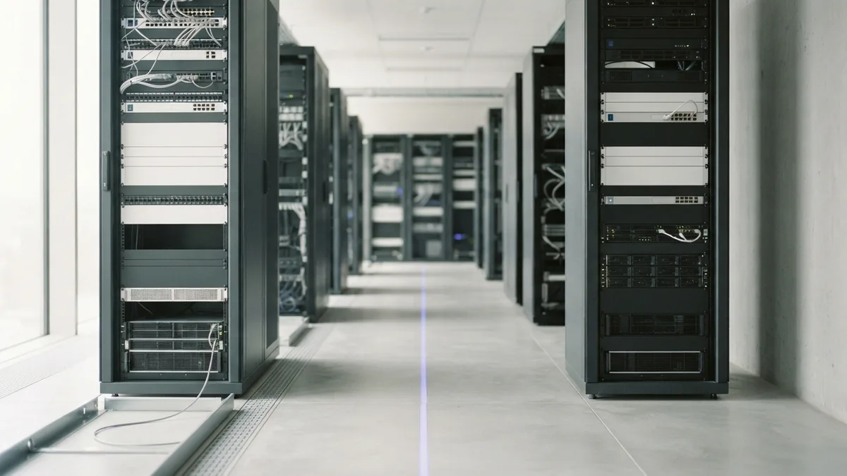 Bright server aisle with clean racks and a subtle indigo light reflection