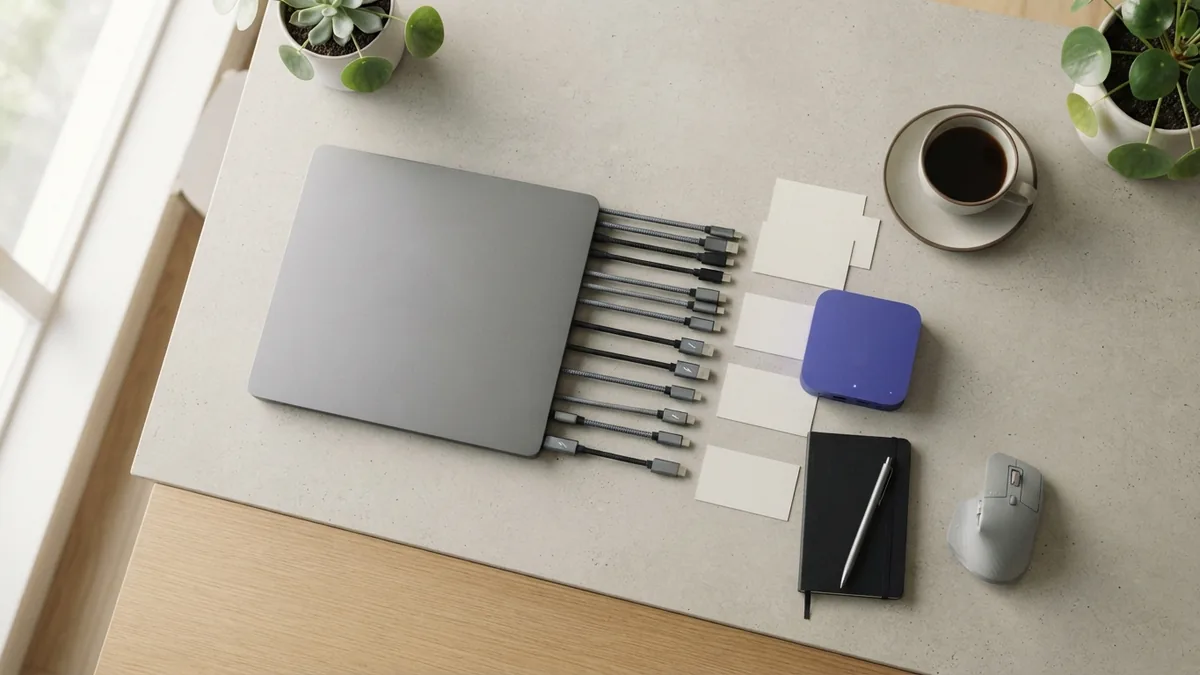 Organized API design workspace Organized flat lay with cables, laptop, and subtle indigo device accent