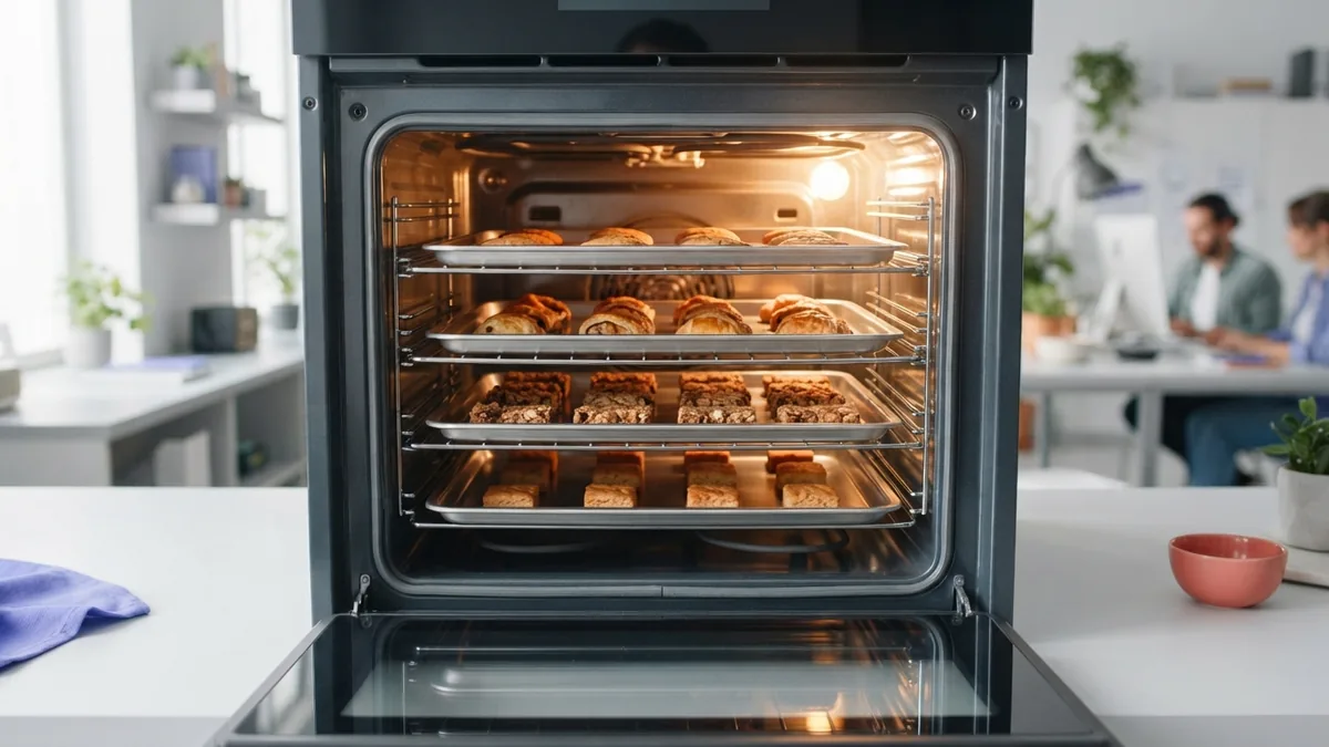 Baking trays spaced apart inside an oven for strong heat circulation