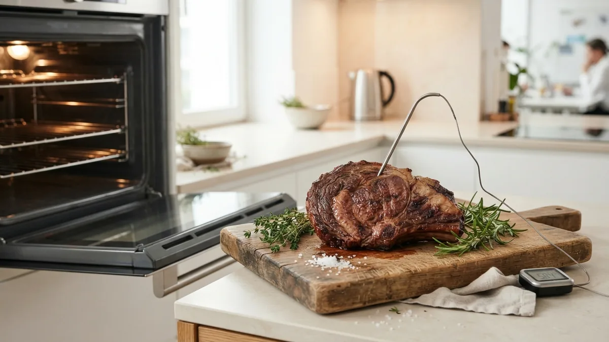 Cook checking a roast with a thermometer after convection oven cooking