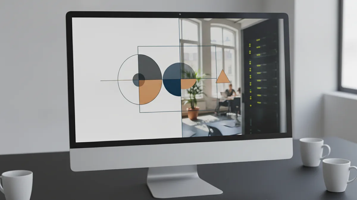 Vector and raster workflows in one view A monitor showing vector shapes and raster photo edits side by side.