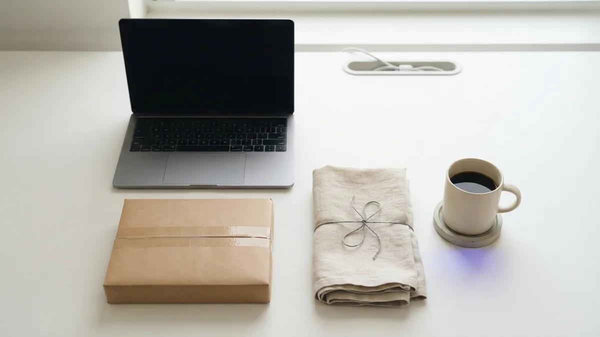Unmarked parcel and sample goods arranged on a bright desk for an online shop