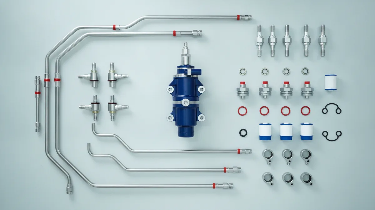 CP3 pump parts for higher fuel flow CP3 pump assembly with fuel lines and fittings arranged for diesel service