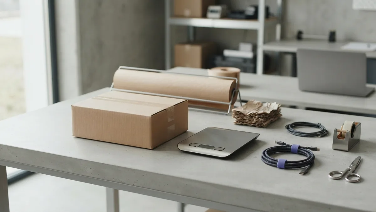 Managing cross-border shipping Tidy ecommerce packing desk showing parcel handling and international shipping planning