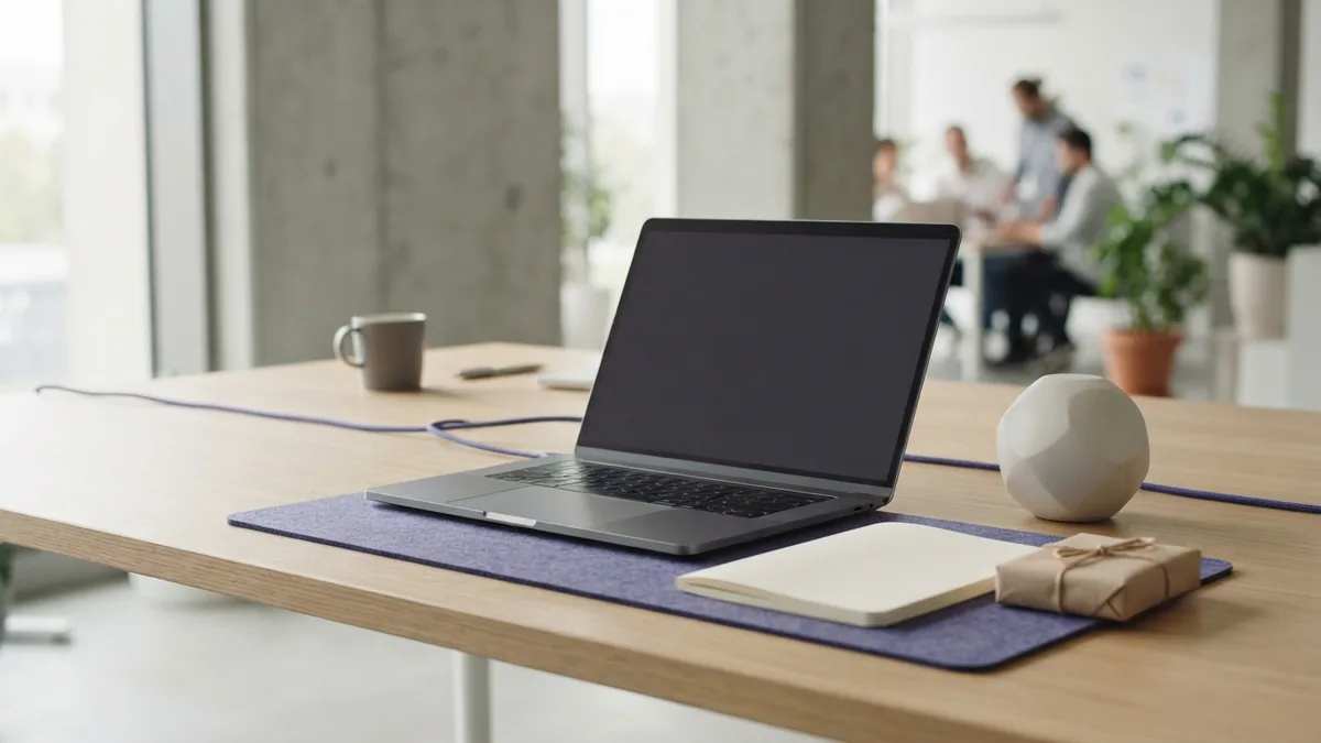 Starting a global sales test Clean desk with parcel and blank laptop for starting a cross-border ecommerce business