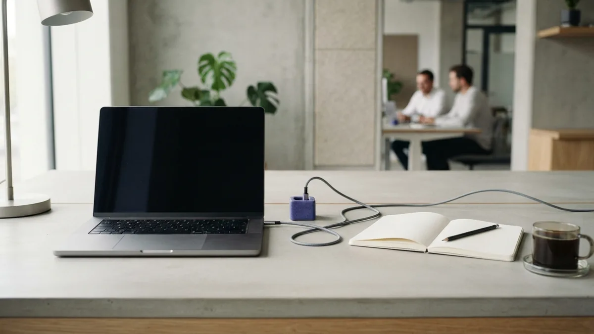 A clear path through complex ideas Minimal flat-lay workspace with blank laptop and clean cable arrangement