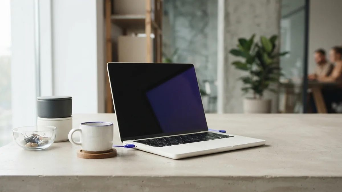 Simple choices in a calm setting Clean desk still life with ceramic cup, glass bowl, and blank laptop