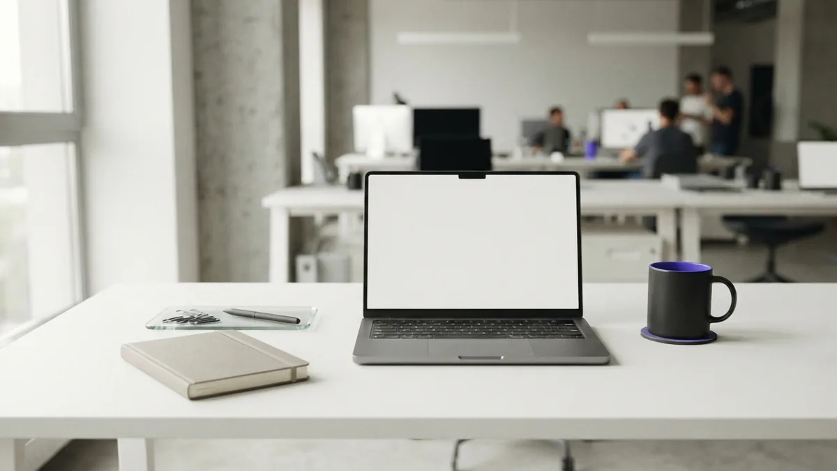 Precise studio desk with blank laptop and neatly aligned matte objects
