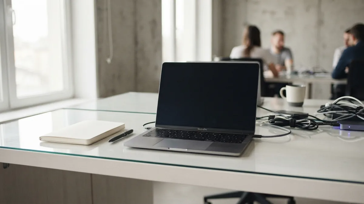 Bright modern workspace with blank laptop, notebook, glass, and tidy cables