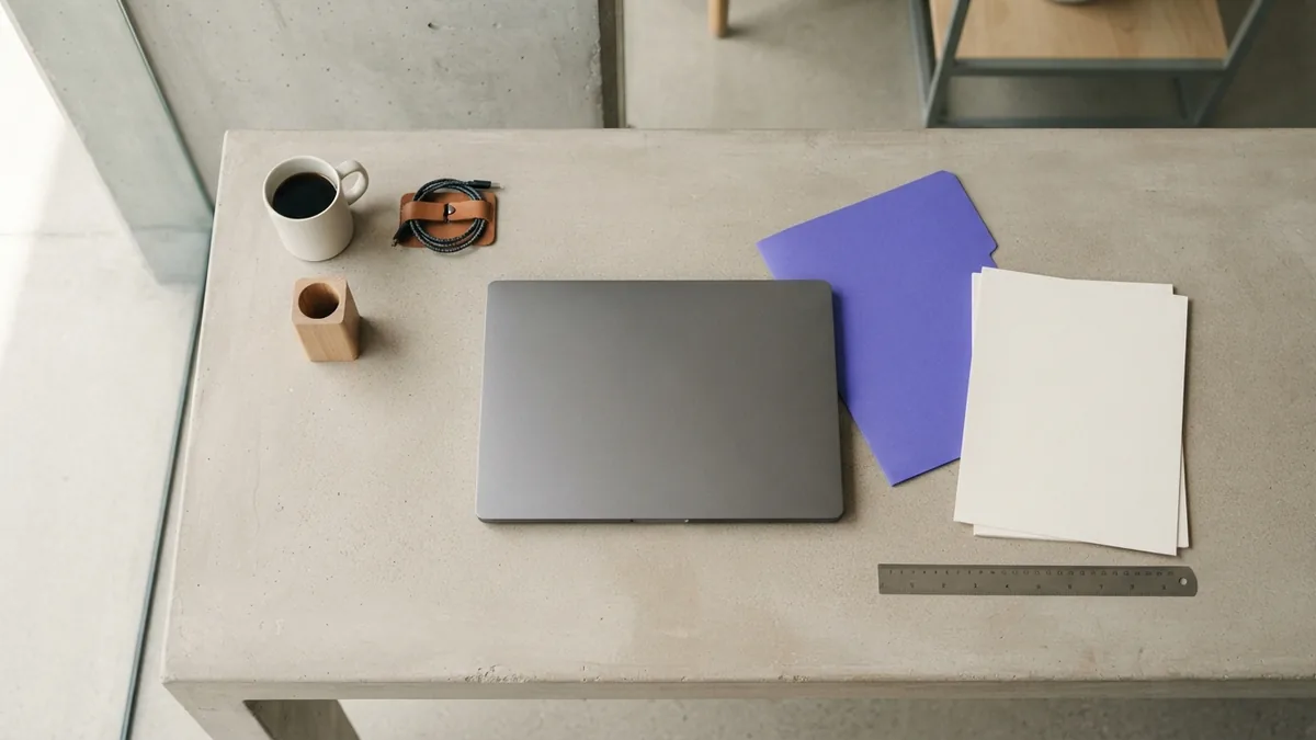 Flat-lay portfolio planning workspace with laptop and blank project materials