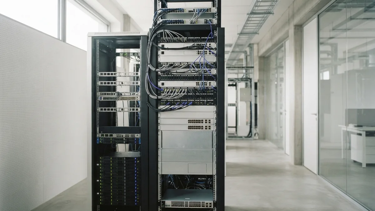 Modern technology workspace and network hardware Clean server aisle and network hardware showing the wider web design industry