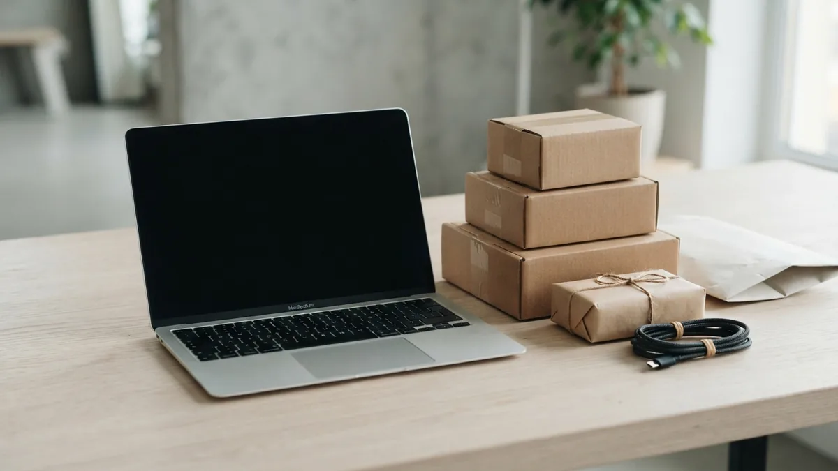 Ecommerce order workspace Clean ecommerce packing workspace with laptop, parcels, cables, and subtle indigo detail