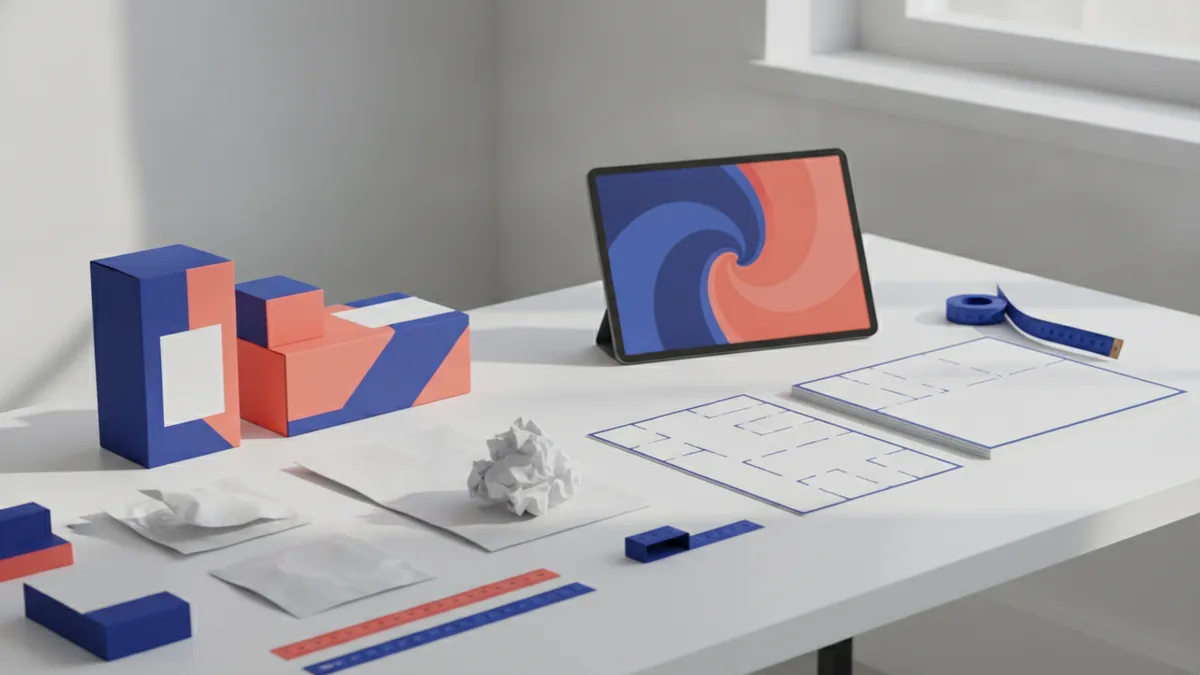 Ecommerce platform comparison setup with product boxes, tablet, and shipping materials