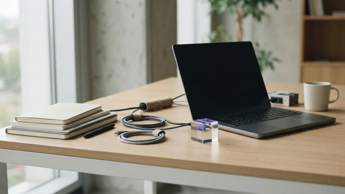 Planning a fluent API build Clean engineering desk with blank laptop and arranged materials for API planning