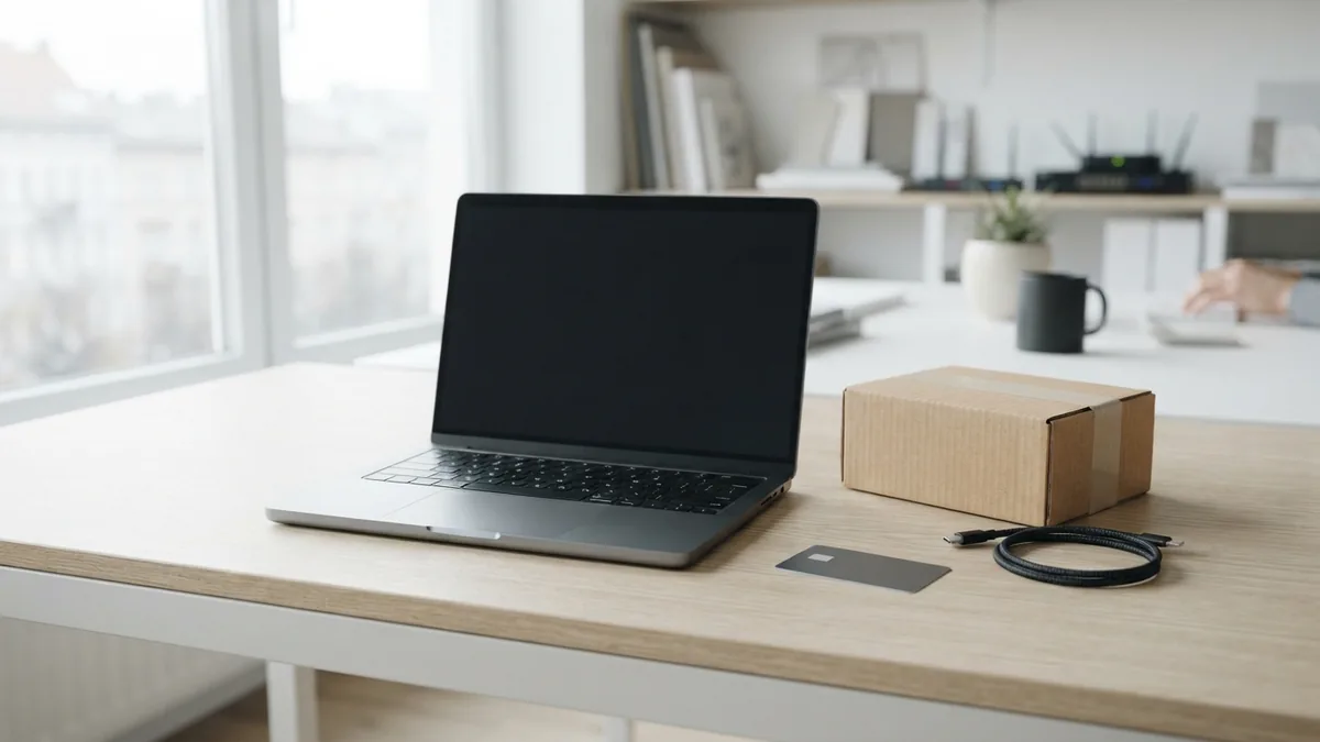 Tools for comparing ecommerce platforms Clean online store planning desk with laptop, parcel, payment card, and cable