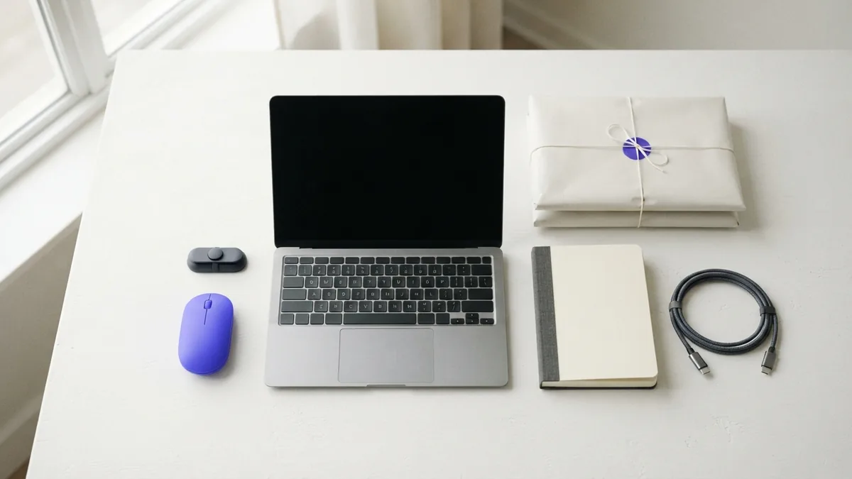 Flat-lay workspace showing ecommerce products, laptop, parcel, and simple store tools