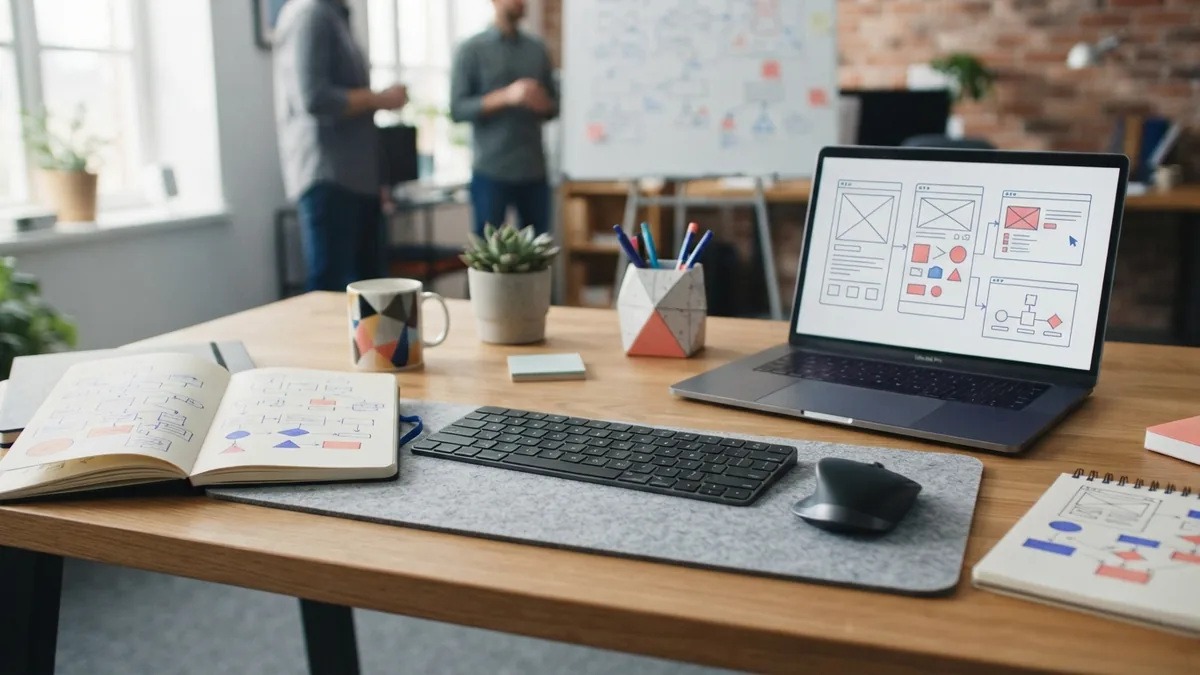 Development desk with browser layouts and server flow diagrams for full stack skills