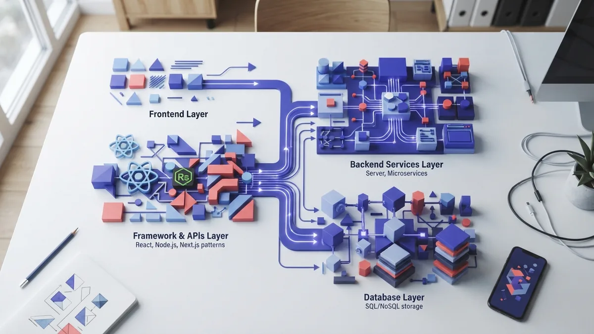 Organized technology workspace showing connected frontend backend and database layers