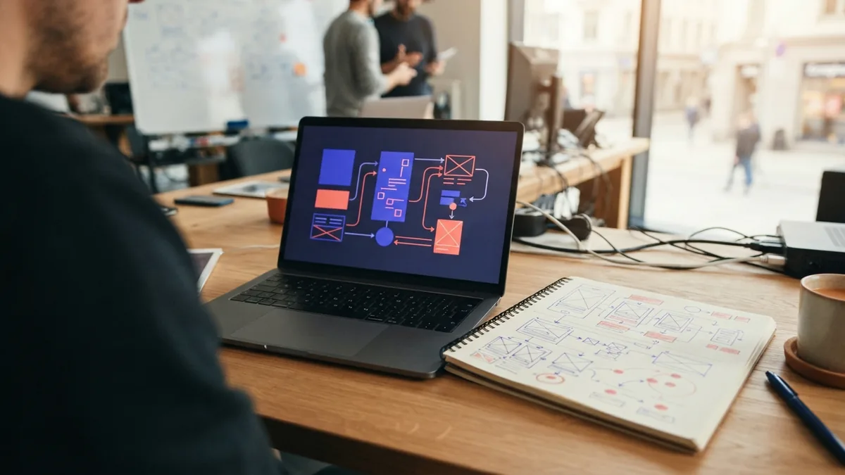 Full stack developer workflow Laptop showing a modern coding workspace beside notes about front end and back end tasks