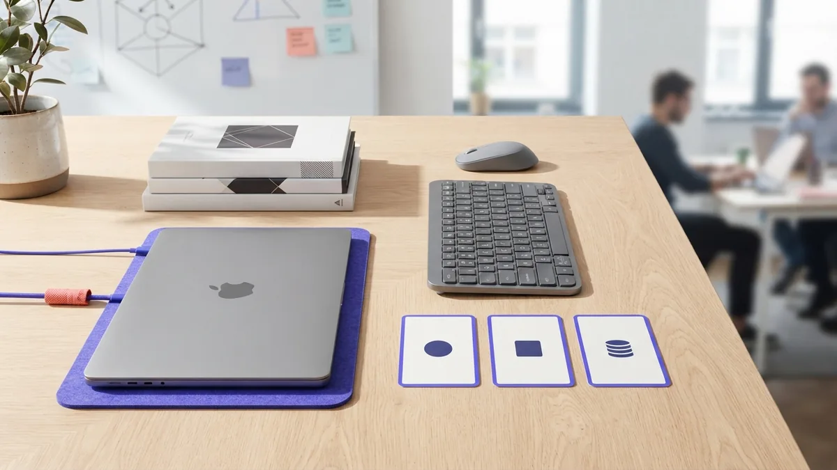 Web development tools arranged beside a laptop for JavaScript learning practice