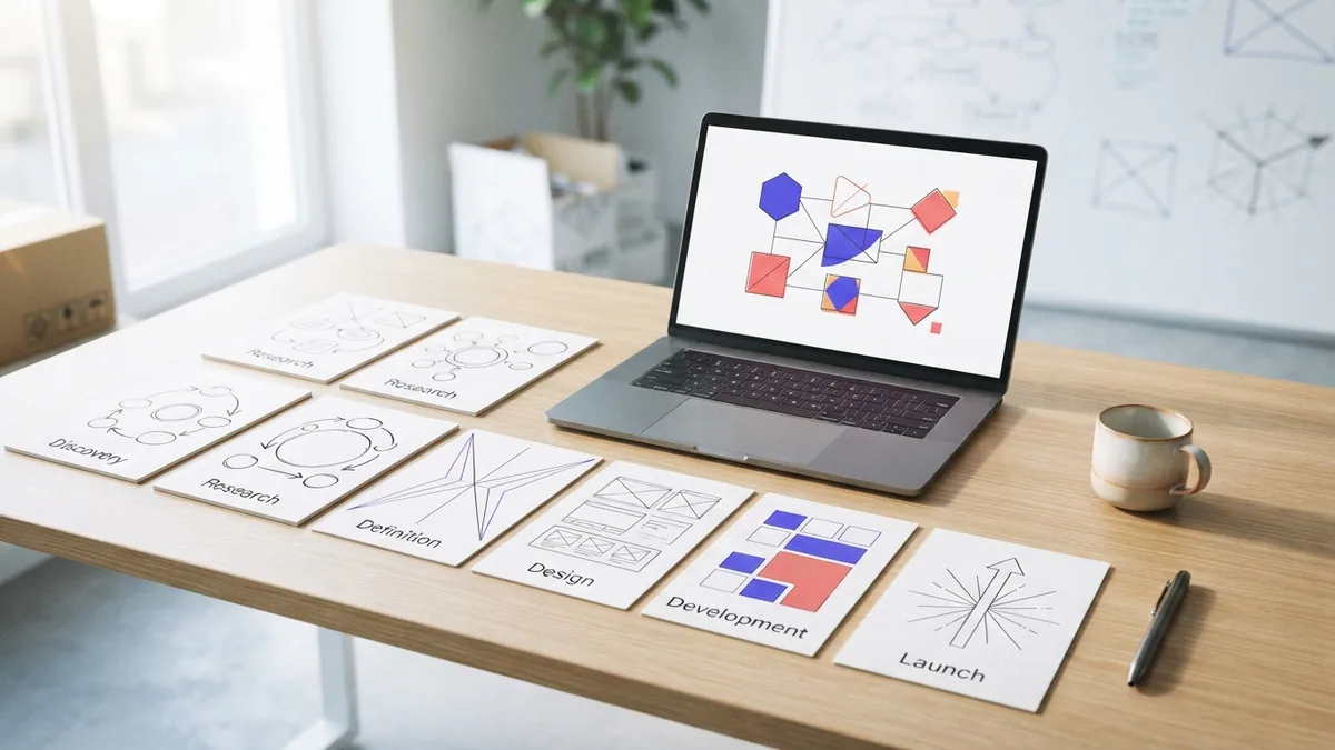 Developer portfolio planning setup with project sketches and a laptop on a clean desk