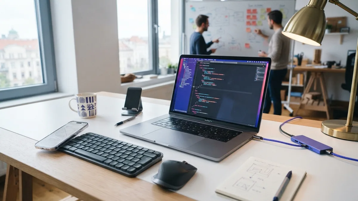 Colorful mobile coding setup with phone, laptop, and development tools