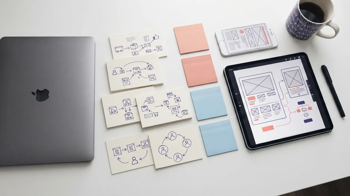 Mobile app planning workspace Mobile app planning materials beside a smartphone and tablet