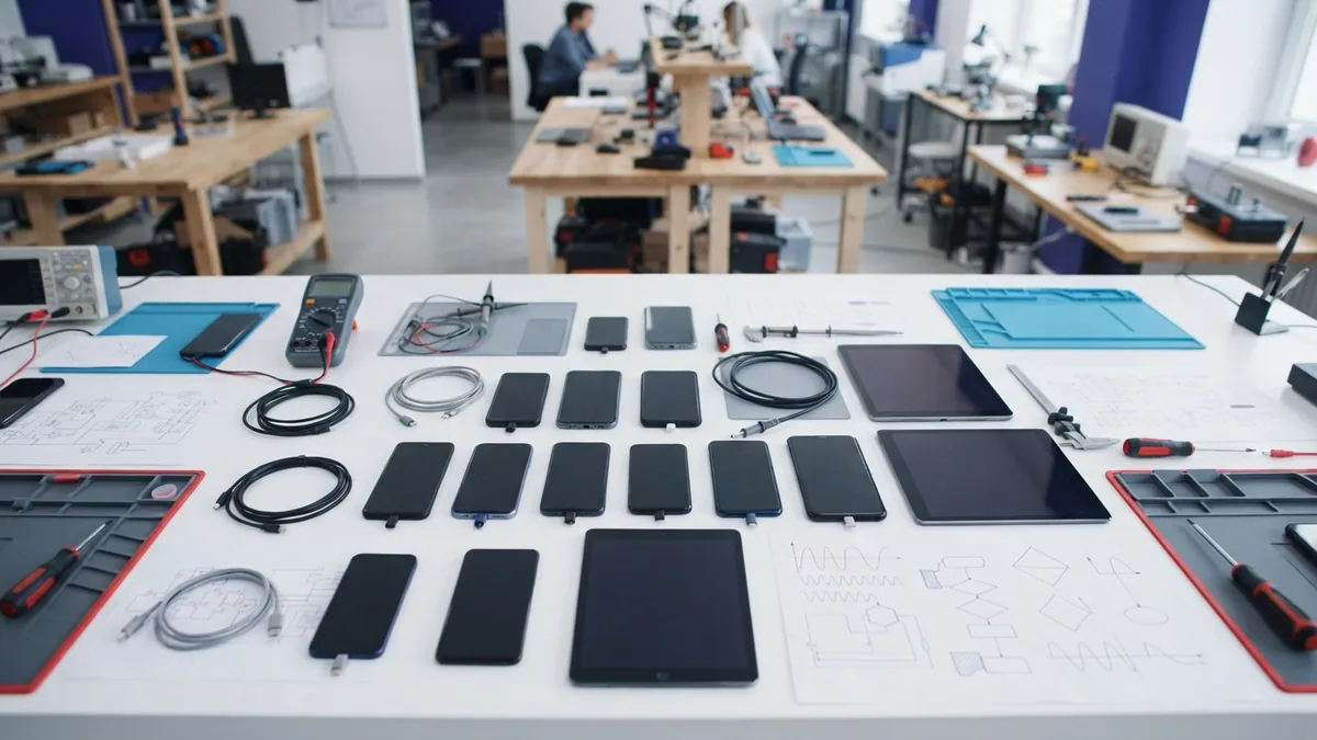 Mobile testing setup with several devices arranged for app quality checks