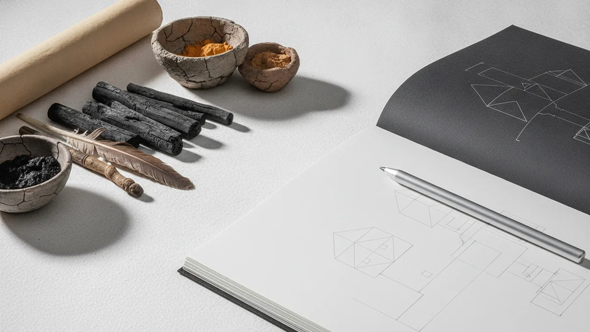 Ancient marks and modern sketchbook tools on a desk