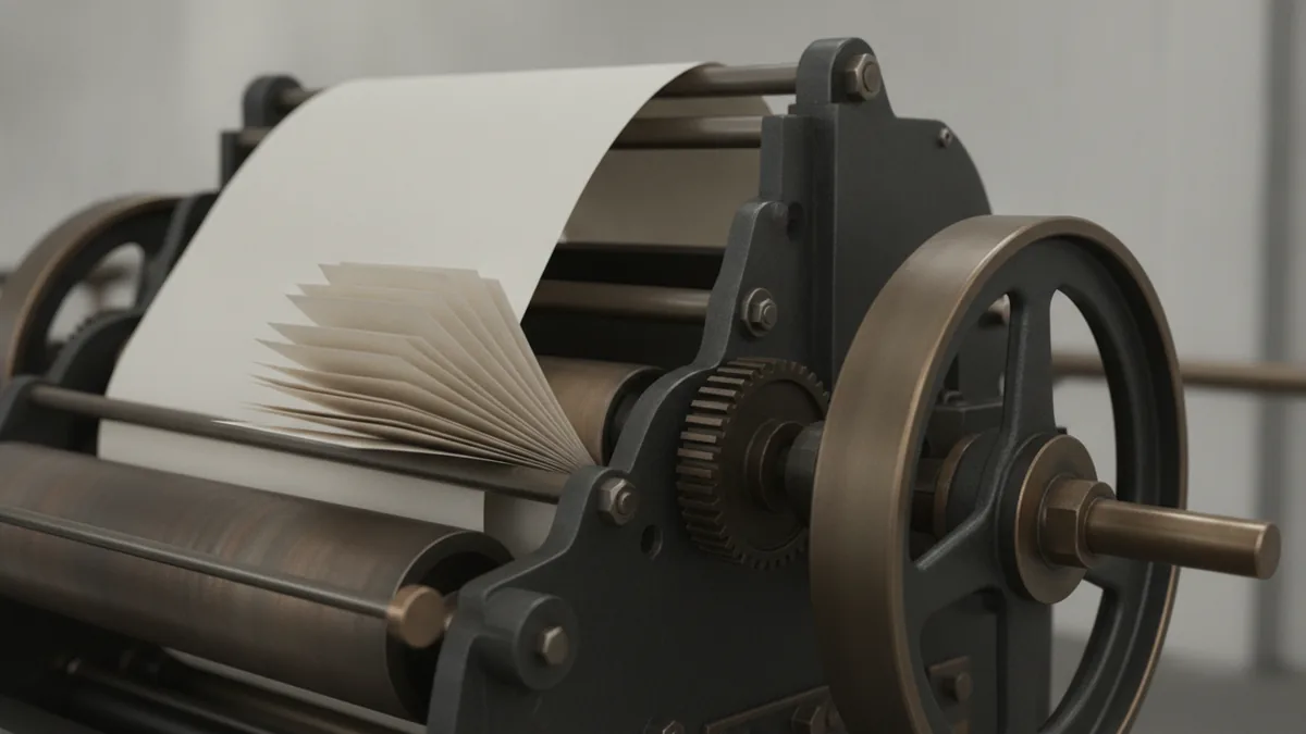 Printing press impact A vintage printing press showing sheets coming out