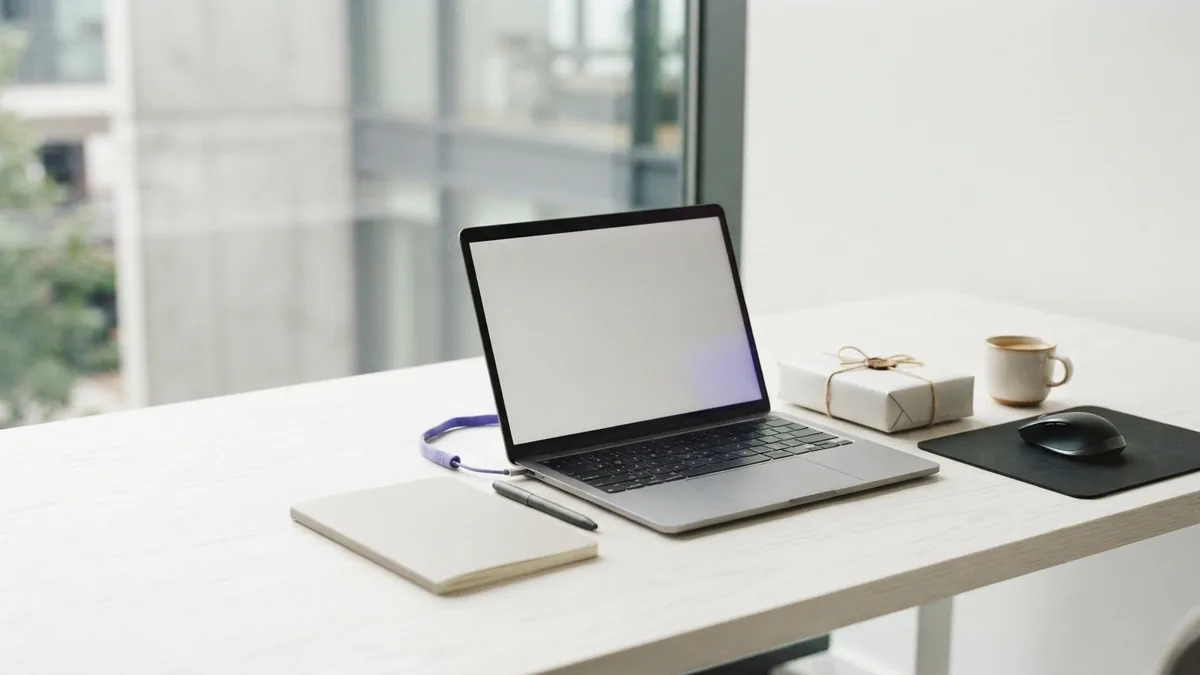 Blank laptop and parcel on a bright desk, suggesting future online retail growth