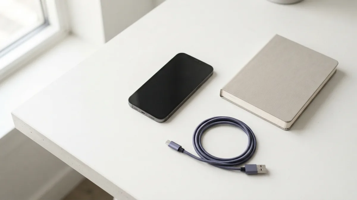 Blank smartphone and charging cable on a light desk, illustrating mobile commerce