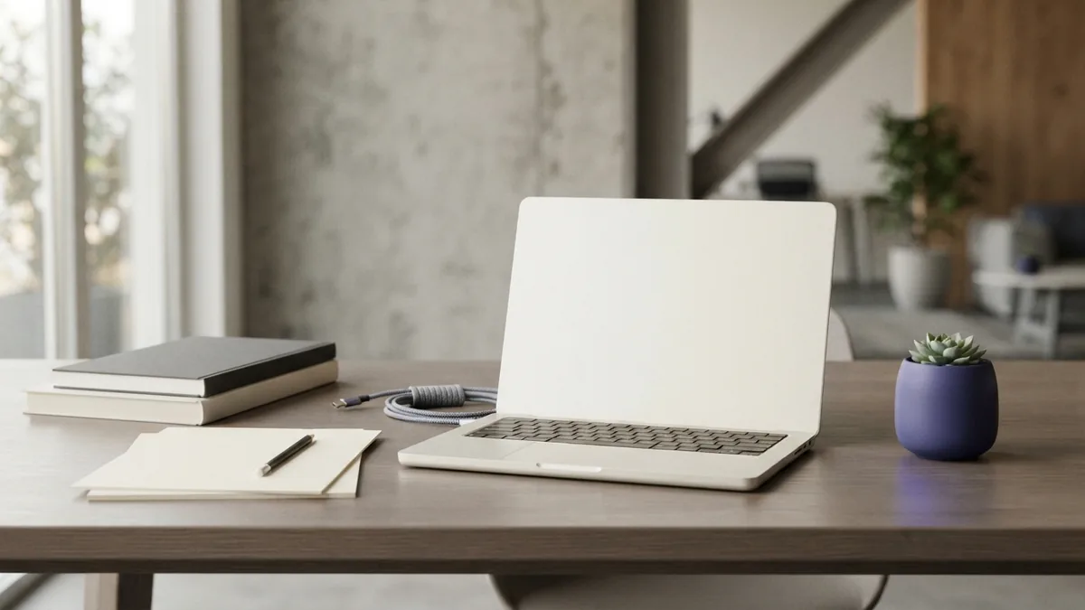 Study resources for graphic design practice Clean study desk with blank laptop, books, paper, and an indigo accent for design learning