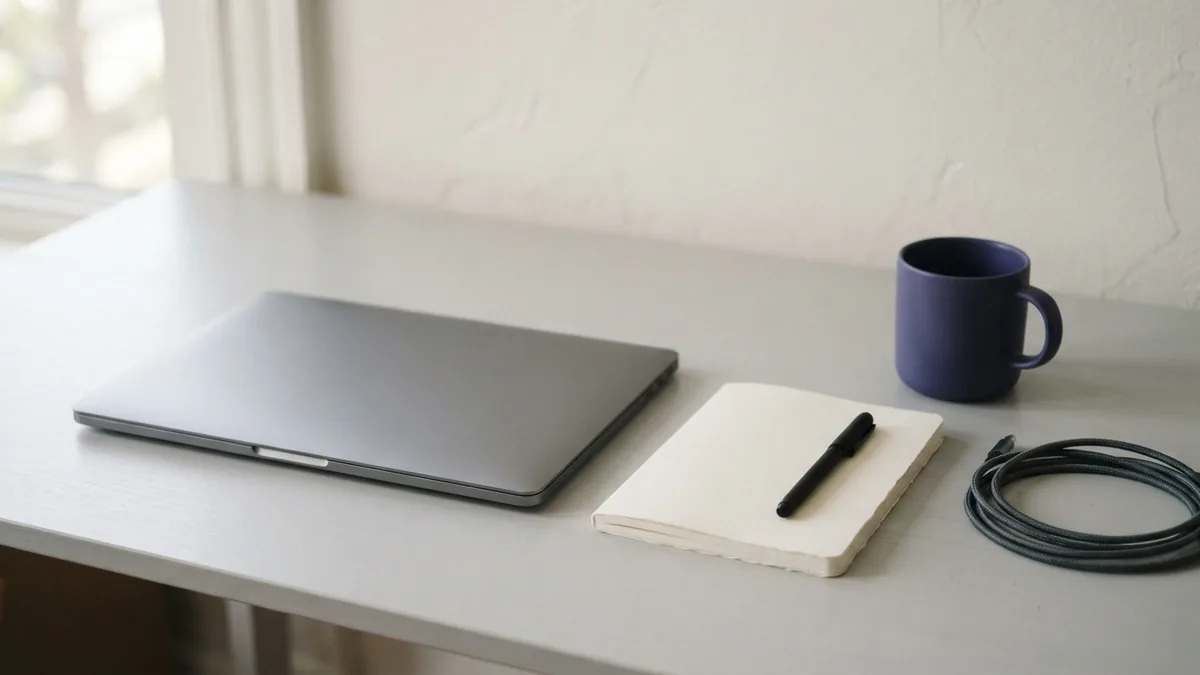 Affordable setup for design study Affordable graphic design study setup with blank laptop, notebook, cable, and indigo detail