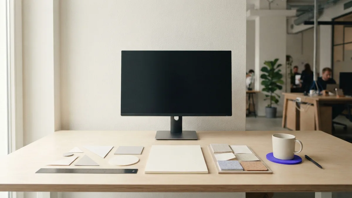 Minimal workstation with design tools, geometric forms, and a restrained indigo accent