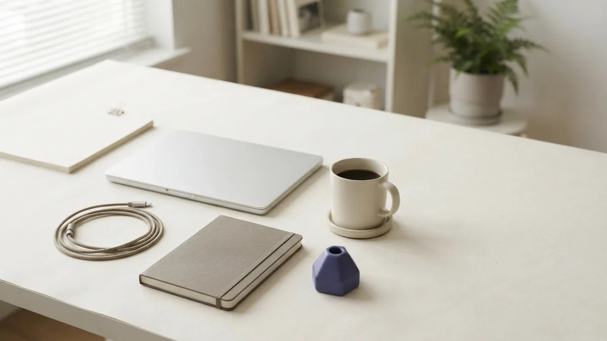 Organised home study desk with blank laptop, notebook, coffee, and indigo accent