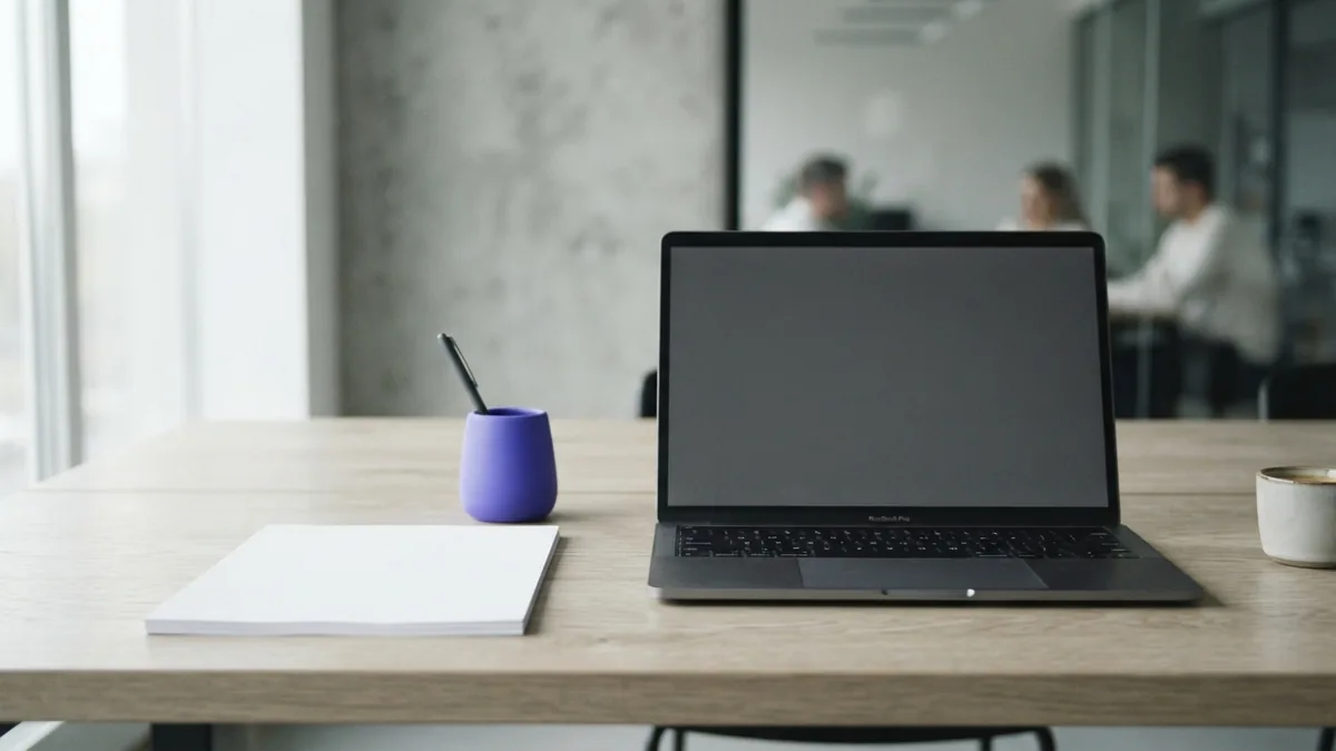 A simple workspace for shaping your offer Minimal desk with blank papers and a laptop for shaping a clear value offer