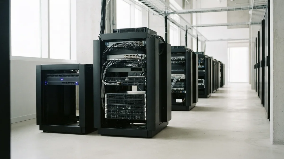 Clean server aisle with network hardware and a subtle indigo light reflection