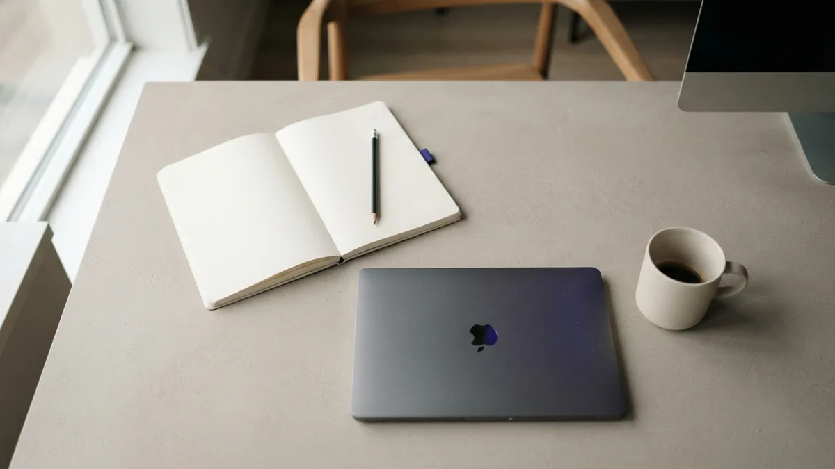 Notebook, pencil, and laptop arranged on a light desk for a focused study session