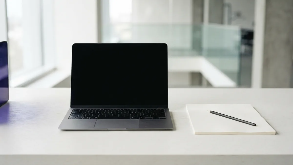 Blank paper and a closed laptop on a clean desk for planning design case studies