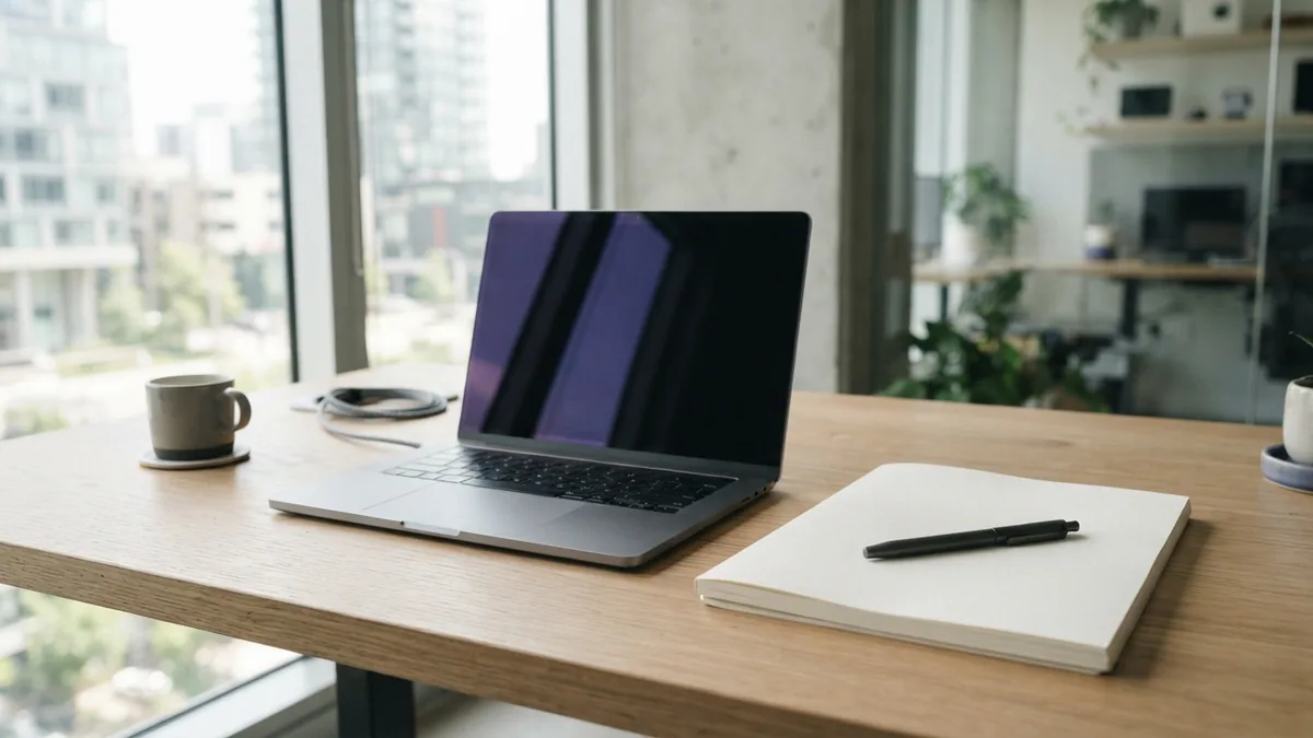 Preparing a focused startup pitch Blank papers and a closed laptop in a bright workspace for pitch planning