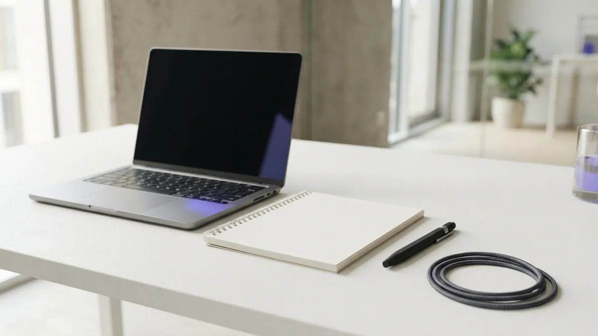 Laptop with blank screen and notebook on a tidy desk for planning API documentation