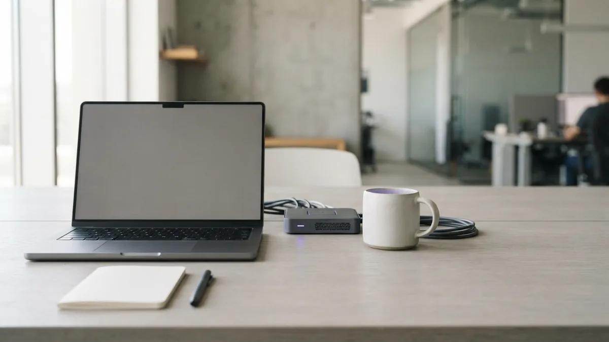 A simple setup for API work Laptop and network device arranged on a bright desk for software development