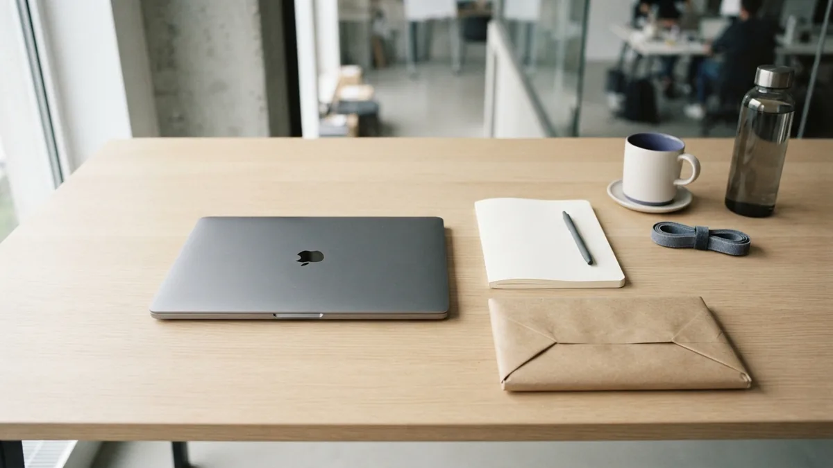 Early research begins with a focused workspace Desk with startup planning items arranged to suggest early market research