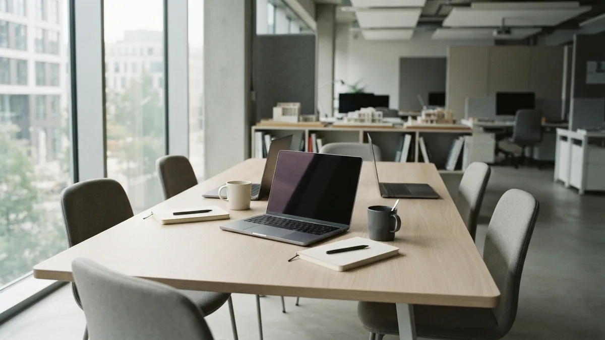 A workspace ready for a startup team Empty shared workspace set up for a small startup team
