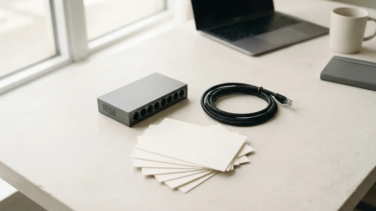 Network hardware and blank cards arranged to represent REST resources and API endpoints