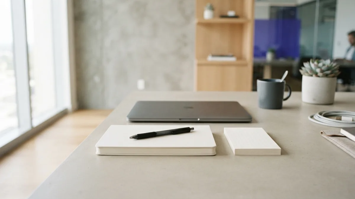 Blank notebook and cards on a desk for planning API resources and routes