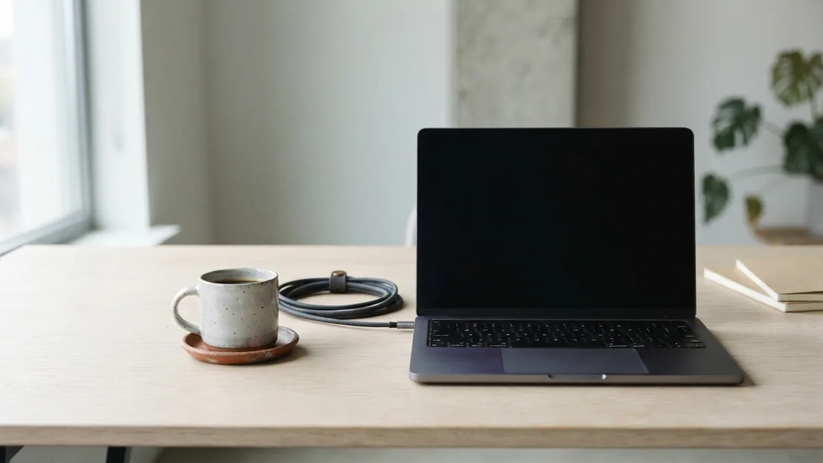 A quiet Python development setup Laptop with a blank dark screen on a tidy desk while building a Python REST API
