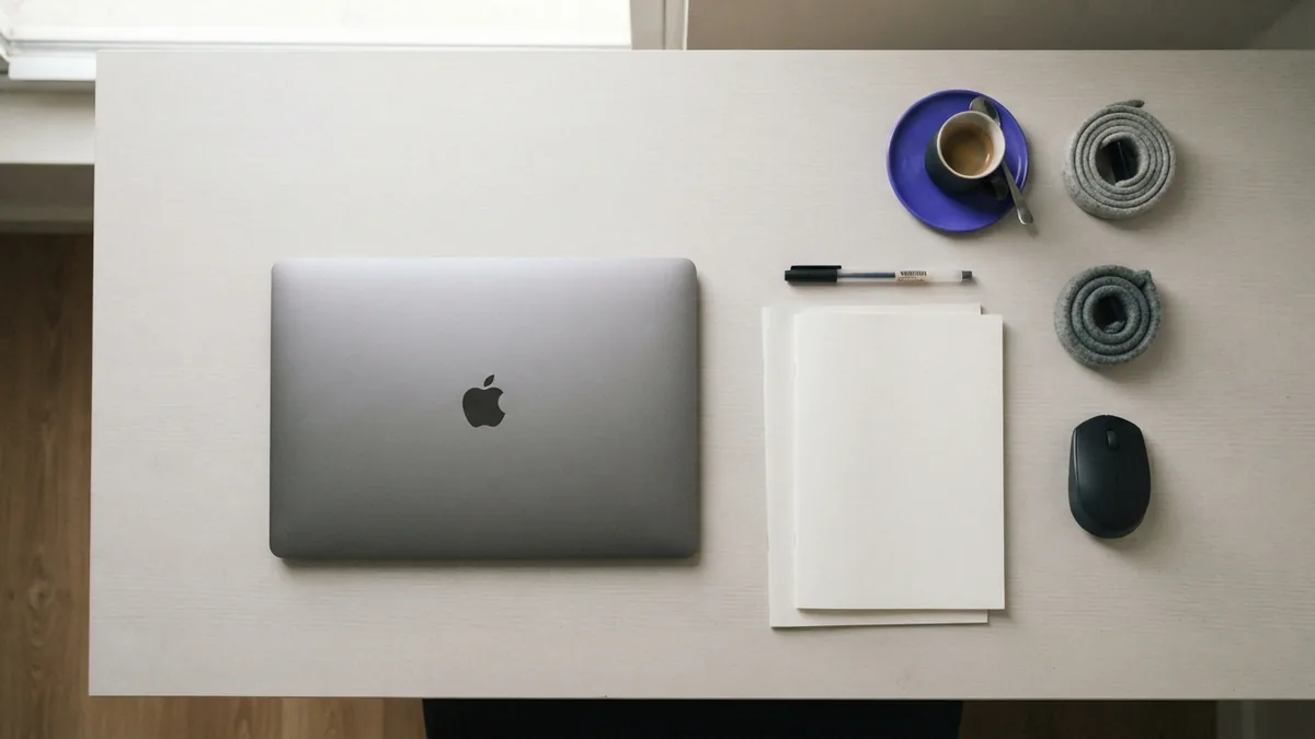 Desk tools arranged for planning research, design, and SaaS product development